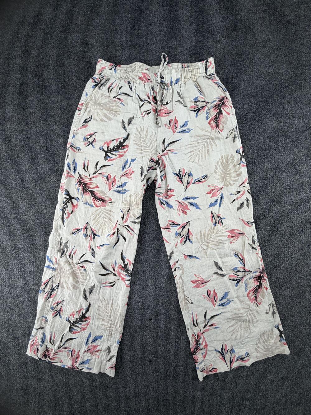 Briggs Pants Womens Large Beige Linen Floral Tropical Elastic Waist Drawstring